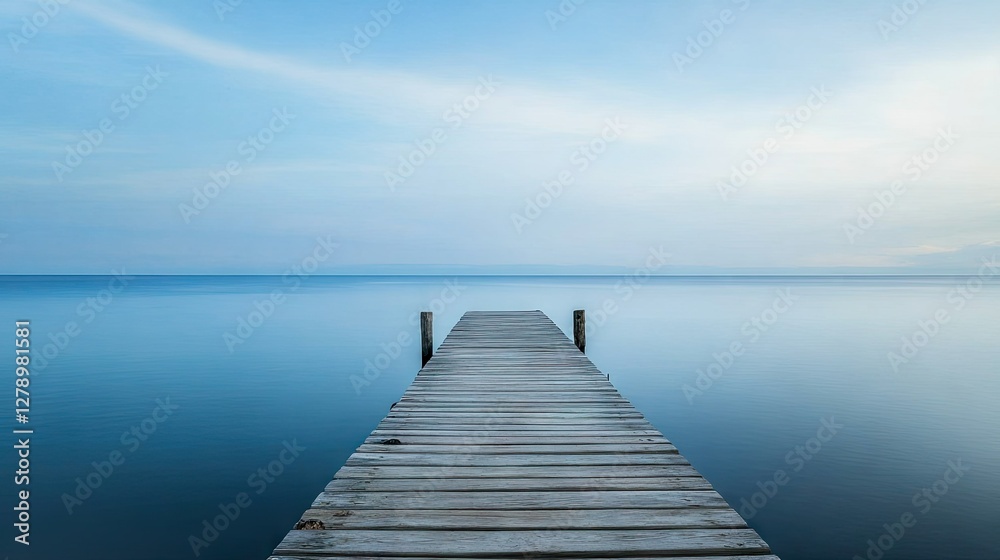 A quiet wooden pier extending out to the horizon, surrounded by the tranquil, still waters of the ocean. A quiet wooden pier extending out to the horizon, surrounded by the tranquil, still waters of the ocean.