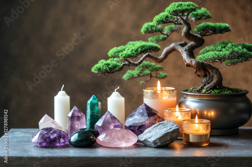 wellness zen with bonsai tree, healing mineral stones and candles, oriental wellness and philosophy photo