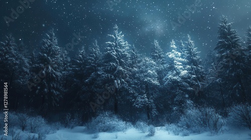 Mystical winter night landscape featuring a snowy forest with delicate fir branches under a starlit sky and soft moonlight glow