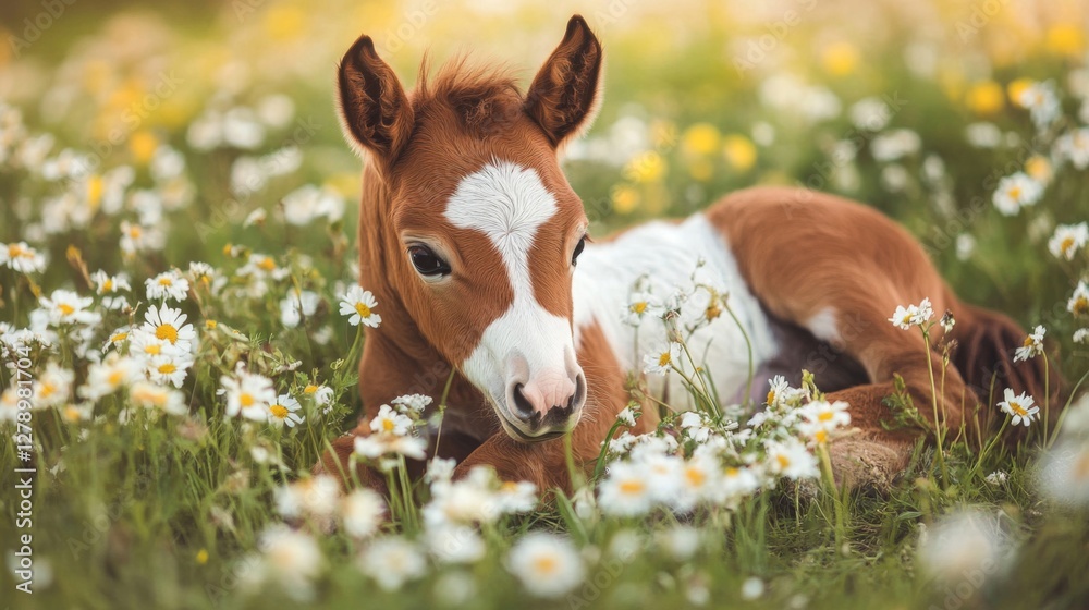 Brown and White Foal Resting in Daisy Field Brown and White Foal Resting in Daisy Field