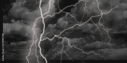 Thunder, lightnings and rain on a stormy summer night in black and white. Lightning bolts in the sky at night. 

