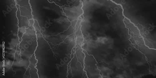 Thunder, lightnings and rain on a stormy summer night in black and white. Lightning bolts in the sky at night. 

