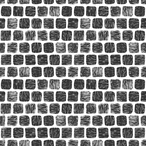 Grunge doodle irregular Black squares Seamless pattern. Monochrome tile mosaic grid geometric Background. Scribble texture for cover design, fabric prints, packaging, wallpaper