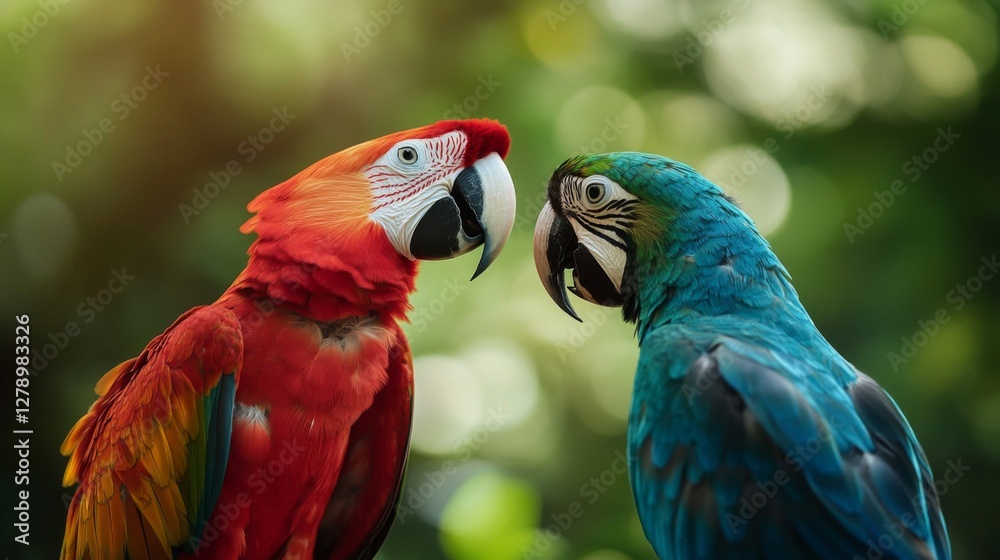 Two Macaws Facing Each Other in Lush Green Tropical Setting Two Macaws Facing Each Other in Lush Green Tropical Setting