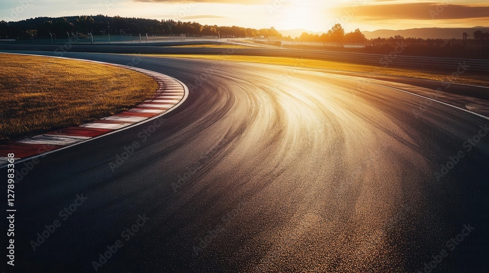Naklejka premium Racing Circuit Empty Asphalt Track with Dynamic Curves and Professional Racing Line Markings at Golden Hour