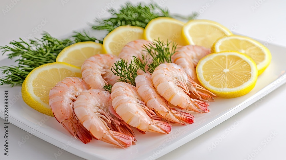 A seafood presentation featuring raw shrimp on a white plate, decorated with lemon slices, against a neutral background. A seafood presentation featuring raw shrimp on a white plate, decorated with lemon slices, against a neutral background.