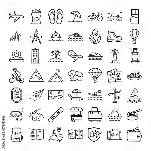 Travel Icons Vacation, Adventure, Journey, Exploration, Summer, Trip, Holiday, Transport, Flight, Re