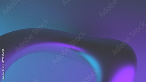 Grainy abstract background with curved primitive geometric shape 3d render. Retro futuristic design wallpaper poster banner cover. Ultraviolet glow. Light blue purple violet glares on metallic texture