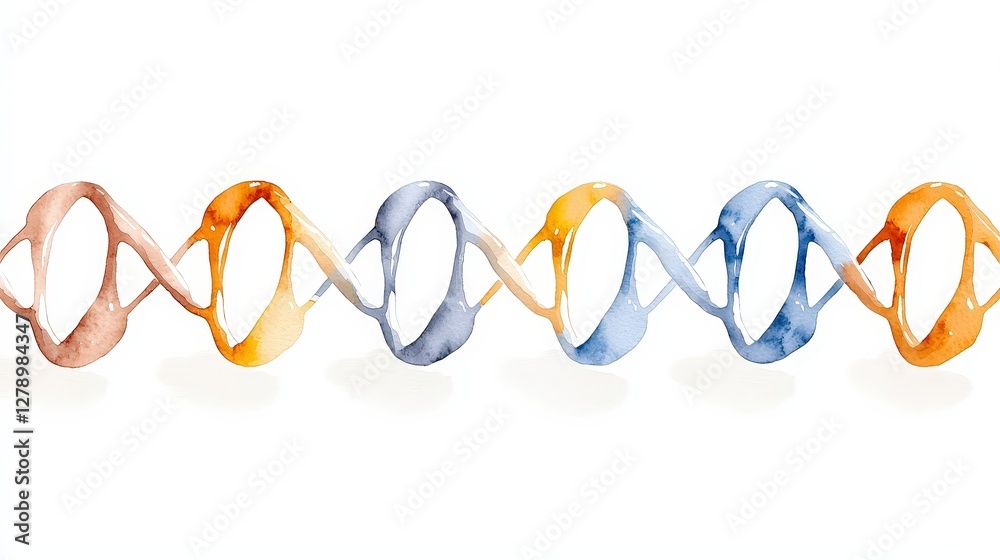Abstract watercolor representation of DNA strand with vibrant colors and flowing shapes Abstract watercolor representation of DNA strand with vibrant colors and flowing shapes