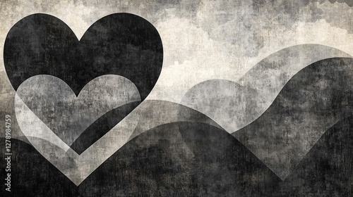 Abstract grayscale landscape with overlapping hearts