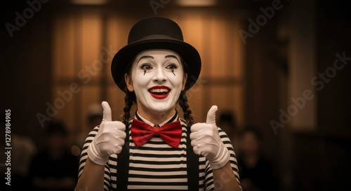 Cheerful Mime Artist Giving Thumbs Up, Expressing Positivity and Approval photo
