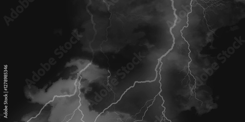 Thunder, lightnings and rain on a stormy summer night in black and white. Lightning bolts in the sky at night. 

