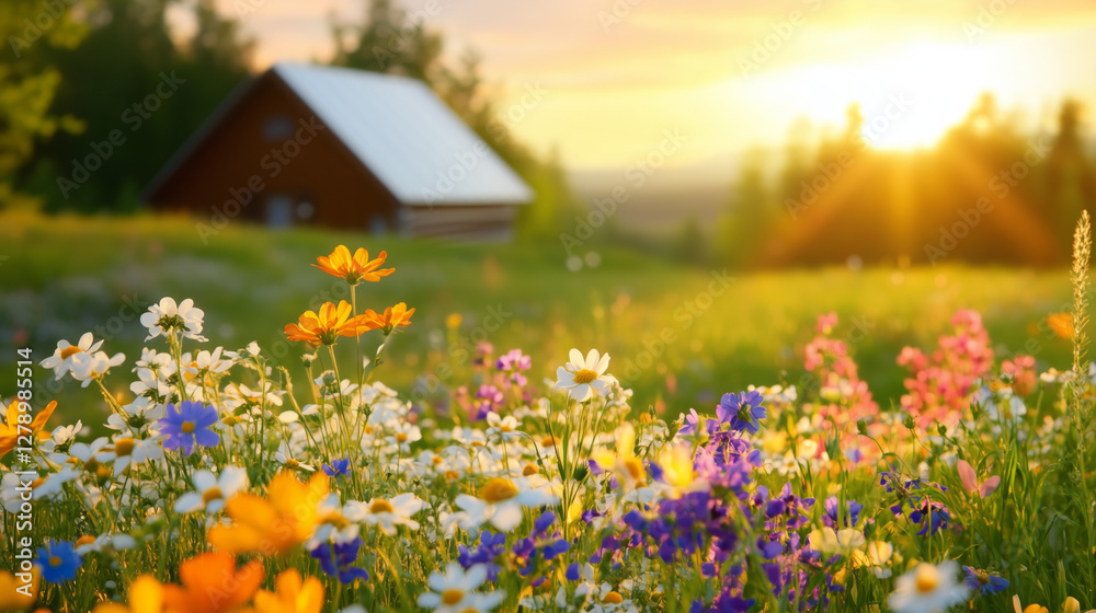 vibrant field of wildflowers in bloom with rustic cabin at sunset vibrant field of wildflowers in bloom with rustic cabin at sunset