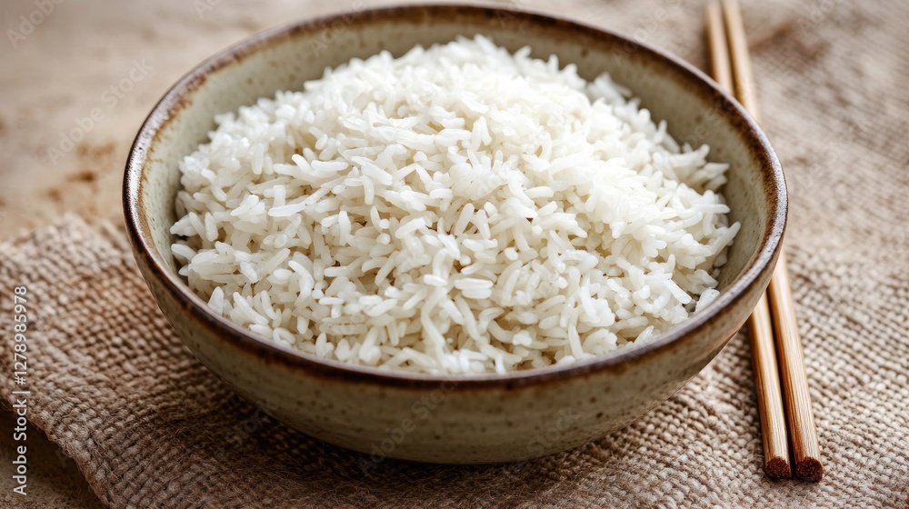 A steaming bowl of white rice with a pair of chopsticks resting beside it, set on a neutral background. A steaming bowl of white rice with a pair of chopsticks resting beside it, set on a neutral background.