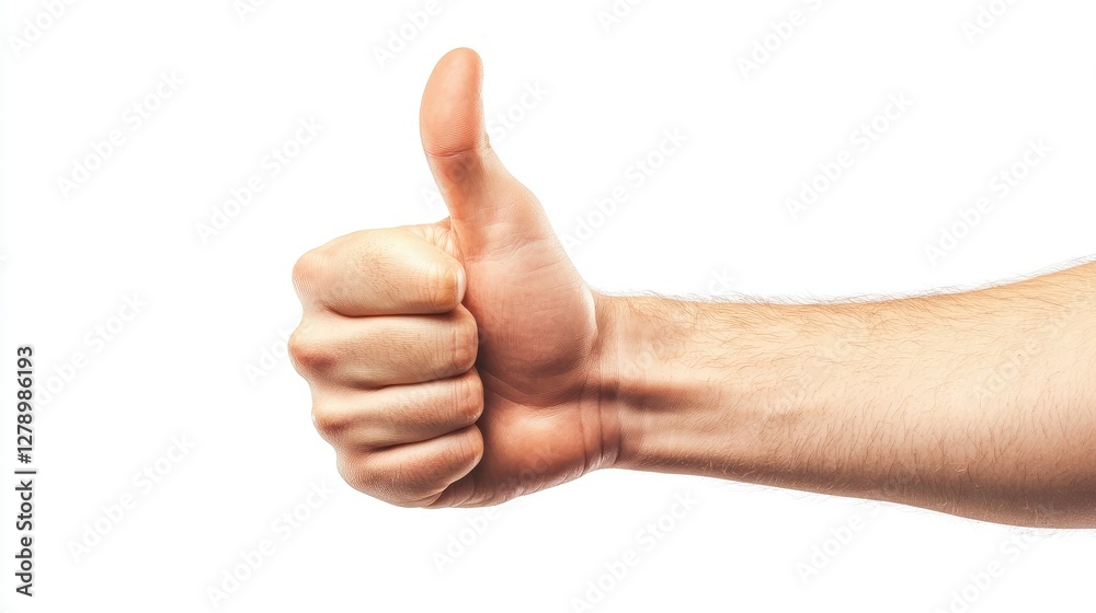 A strong male hand giving a firm thumbs-up, positioned centrally against a white background, ideal for positive messaging. A strong male hand giving a firm thumbs-up, positioned centrally against a white background, ideal for positive messaging.