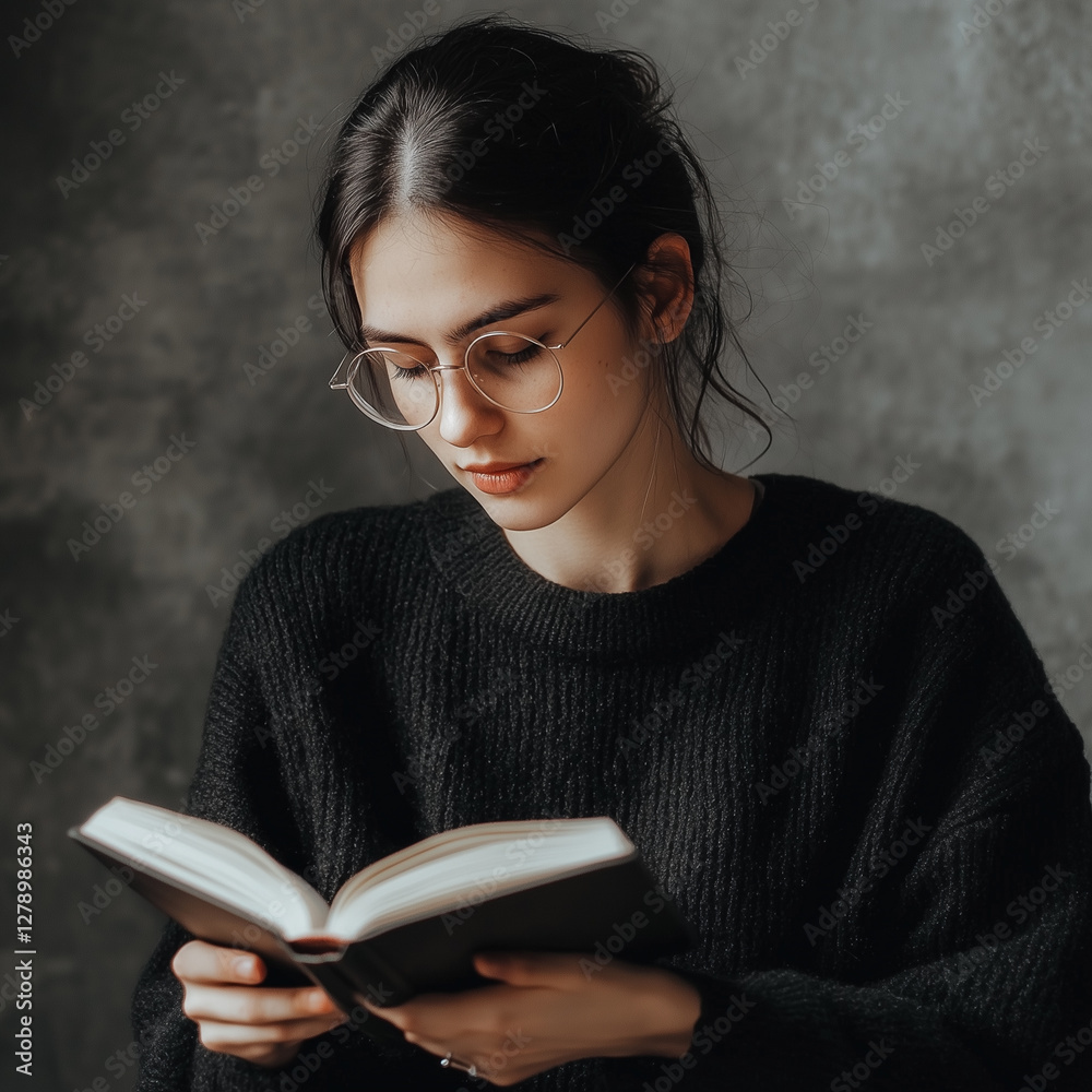 Reading quietly while wearing glasses in a cozy indoor setting Reading quietly while wearing glasses in a cozy indoor setting