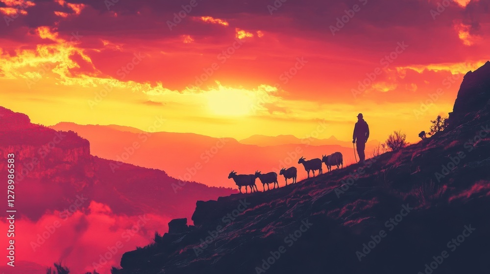 Shepherd Guiding Goats at Sunset Over Mountains