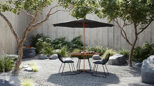 A garden scene featuring a table chairs and an umbrella
