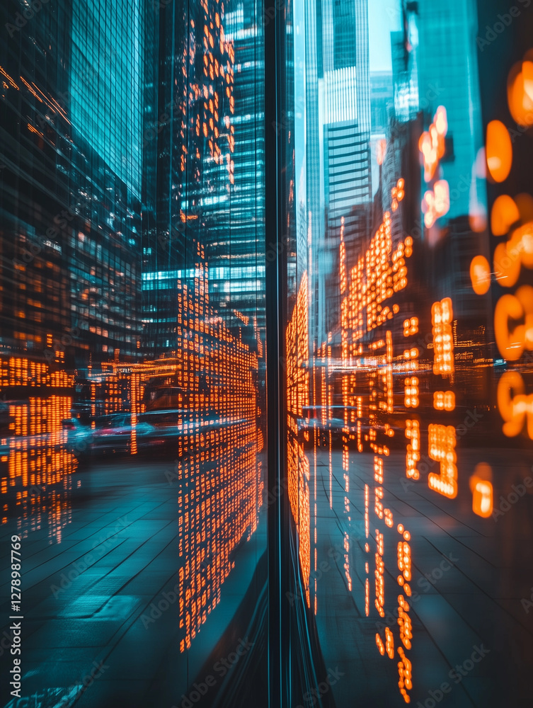 Obraz premium Futuristic cityscape showcasing vibrant stock exchange tickers reflecting on glass facades