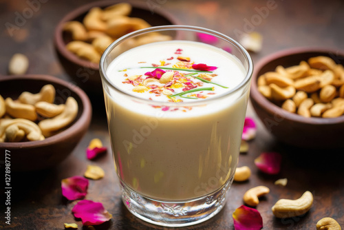 A glass of lassi, an Indian milk drink with white colored liquid and rose petals sprinkled on top
