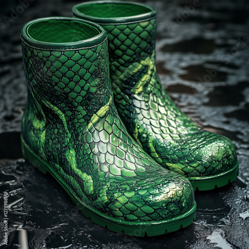 green boots with snake print, rubber boot day, health