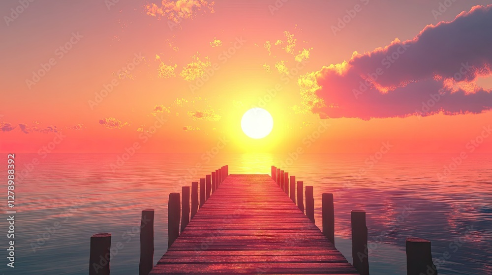 Fototapeta premium A vibrant sunset casting warm hues over a long wooden pier extending into the calm sea.