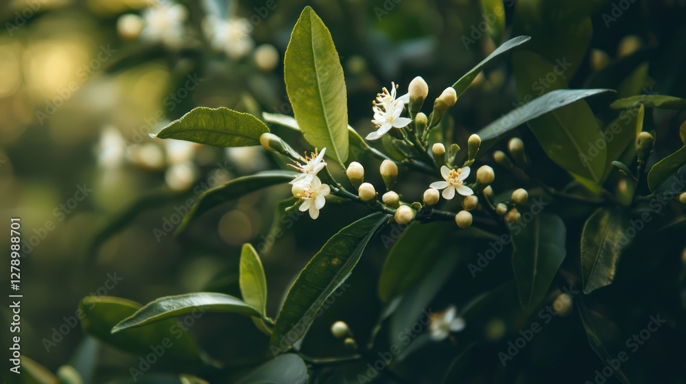 An orange tree in full bloom, with small white flowers alongside budding fruits An orange tree in full bloom, with small white flowers alongside budding fruits