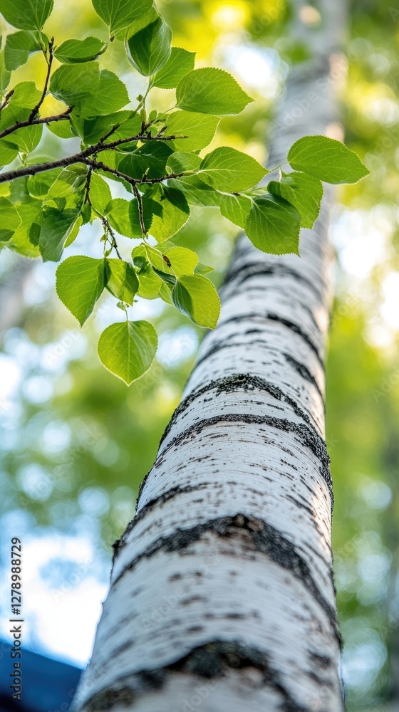 Fototapeta premium Bright green leaves adorn a white-barked birch tree as it extends skyward against a backdrop of clear blue skies in spring.