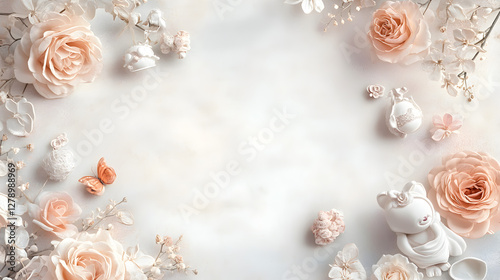 fondo liso blanco con espacio de copia conun marco decorativo de flores elegantes en colores pastel con detalles y adornos para invitacion o tarjeta de dia de las madres o festejo celebracion