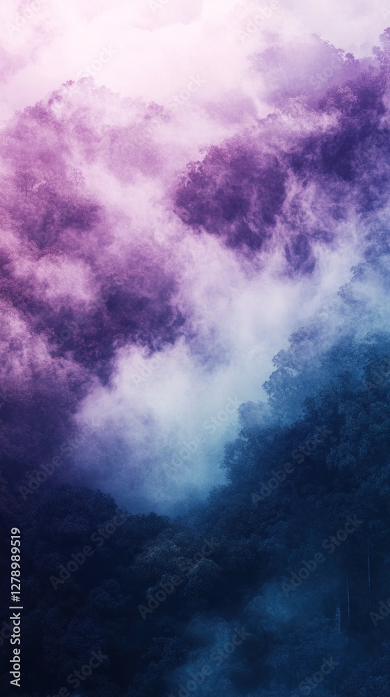 Fototapeta premium Mystical woodland veiled in dreamy purple and blue mist atmosphere
