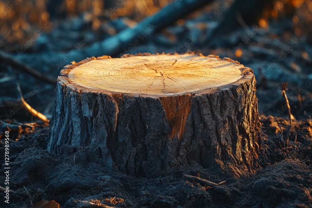 Fresh tree stump, deforestation, sunset, forest Fresh tree stump, deforestation, sunset, forest