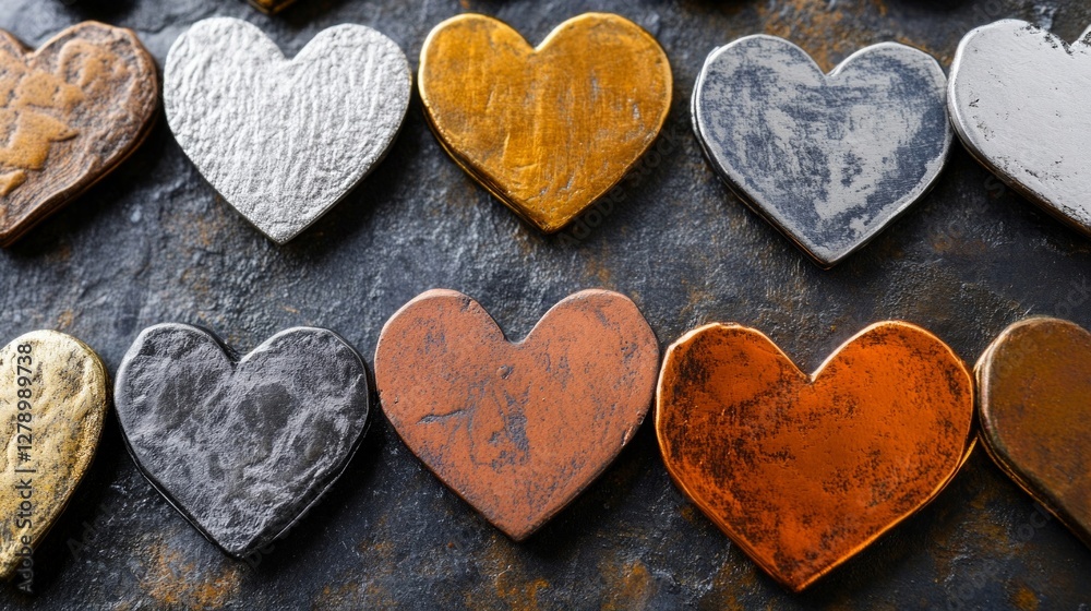 Obraz premium Collection of metallic hearts with various textures and colors