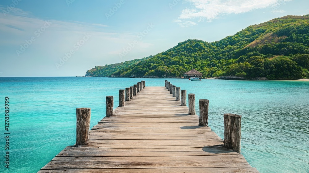 Obraz premium A wooden pier stretching into the turquoise sea, with lush green hills visible in the distance under a clear sky.