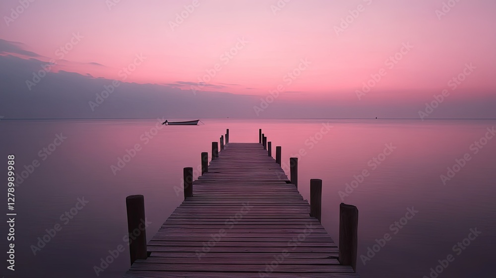A wooden pier stretching over the calm sea, with a distant boat visible on the horizon and the sky turning pink. A wooden pier stretching over the calm sea, with a distant boat visible on the horizon and the sky turning pink.