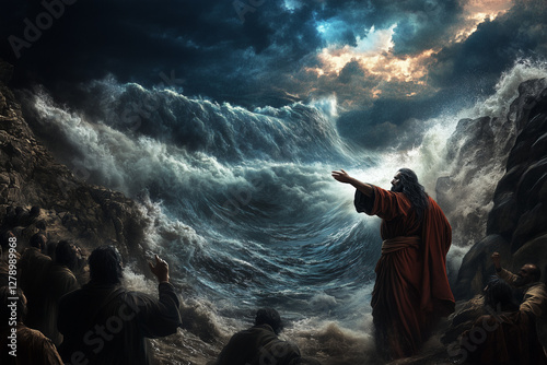 Moses parting the Red Sea oil painting, Passover exodus story, Israel