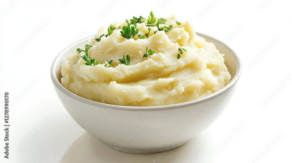 Buttery mashed potatoes with a touch of creaminess, garnished with fresh parsley, presented in a simple white bowl against a pure white background.