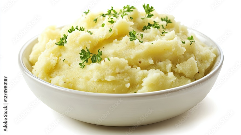 Buttery mashed potatoes with a touch of creaminess, garnished with fresh parsley, presented in a simple white bowl against a pure white background. Buttery mashed potatoes with a touch of creaminess, garnished with fresh parsley, presented in a simple white bowl against a pure white background.