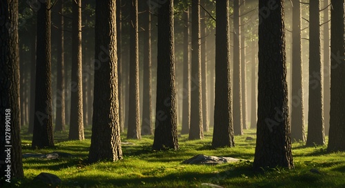 Escena de bosque minimalista con luz solar