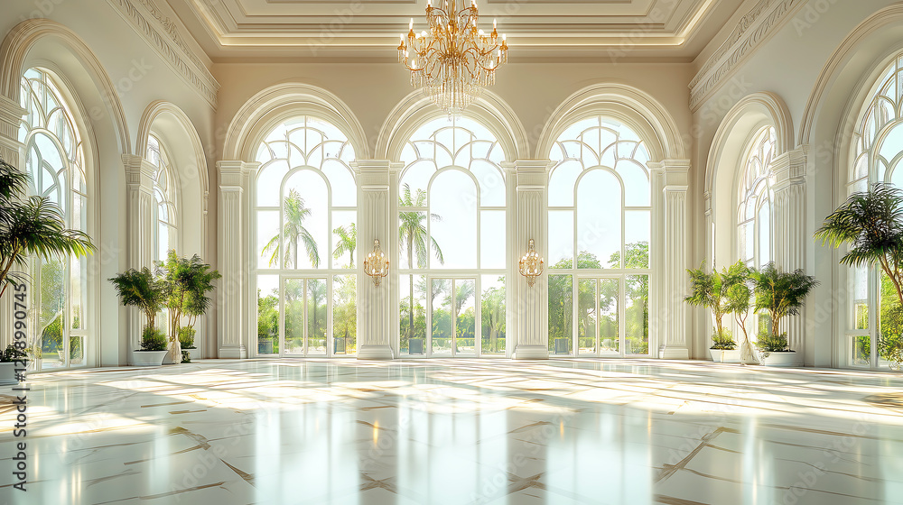 Naklejka premium Grand Islamic Architecture with Arched Hall & Chandeliers – Perfect for Interior Design, Cultural, and Luxury Branding, architectural showcases, luxury branding, cultural promotions, travel marketing,