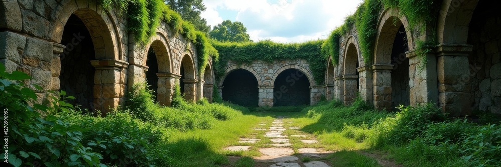 Ruins of ancient building with overgrown vegetation, overgrowth, moss Ruins of ancient building with overgrown vegetation, overgrowth, moss