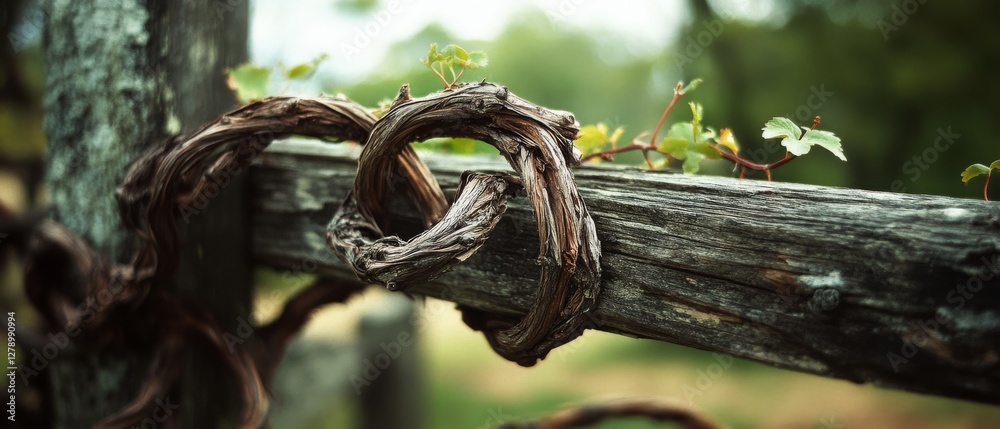 Ancient vines entwine with a weathered wooden fence, symbolizing resilience and the passage of time in a green landscape. Ancient vines entwine with a weathered wooden fence, symbolizing resilience and the passage of time in a green landscape.