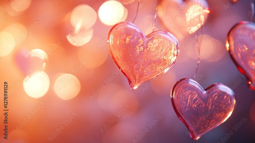 Obraz premium Glowing Hearts Hanging Against a Warm Bokeh Background