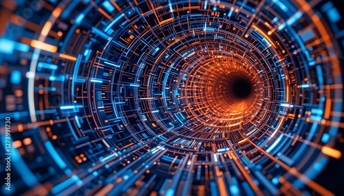 Abstract background with infinite tunnel of glowing microchips and neon circuitry for semiconductor and tech hardware branding