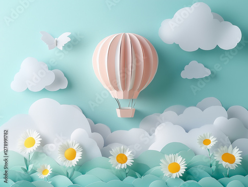 Summer country landscape with flowers and air balloon in paper quilling art.