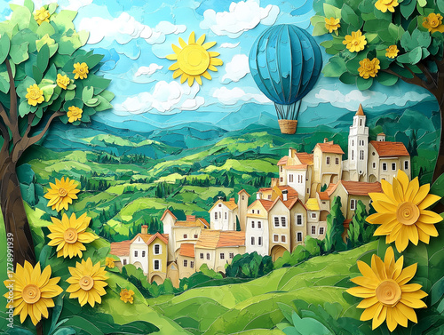 Summer country landscape with town and air balloon in paper quilling art.