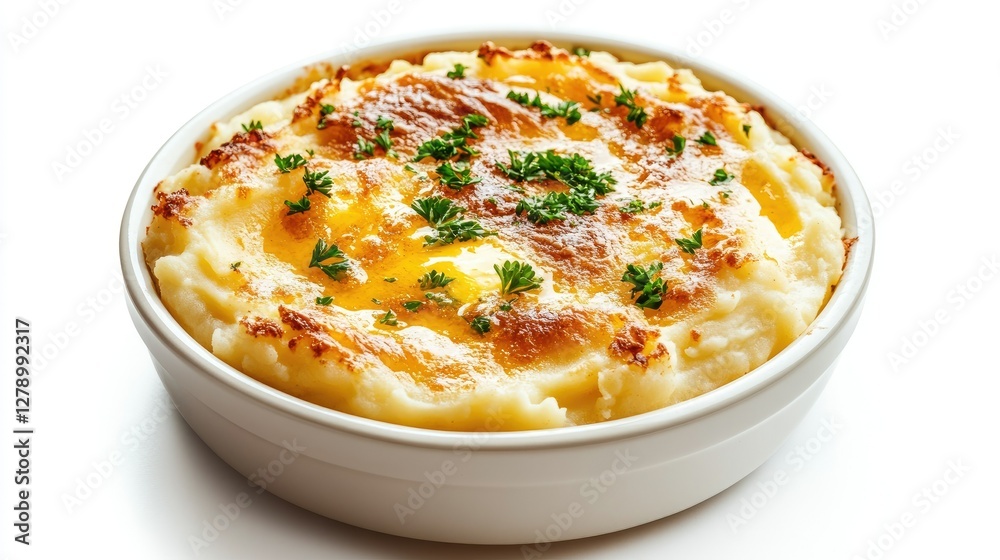Steaming hot mashed potatoes with golden butter melting on top, garnished with fresh parsley in a round white dish on a plain white backdrop. Steaming hot mashed potatoes with golden butter melting on top, garnished with fresh parsley in a round white dish on a plain white backdrop.