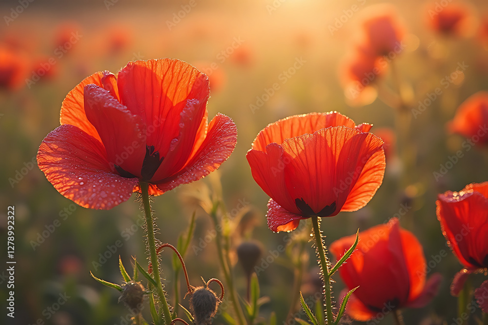 Obraz premium A beautiful field of red poppies with a single red flower in the foreground. Concept of tranquility and calmness, as the vibrant red flowers stand out against the lush green grass