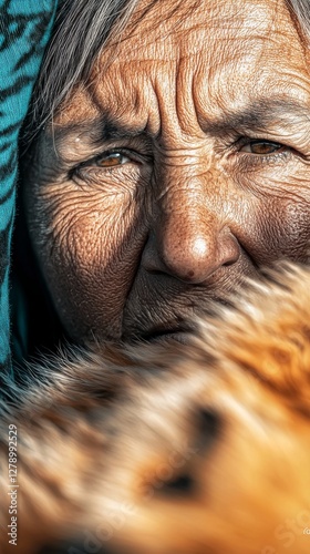 Portrait of an elderly Kazakh woman wrapped in traditional fur, deep wrinkles and wise eyes photo