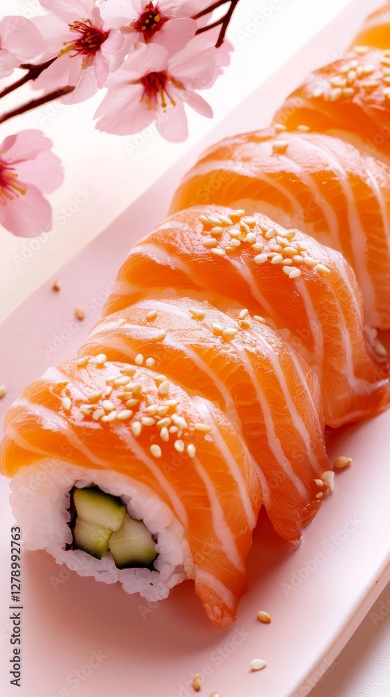 sushi rolls with salmon, avocado, cucumber, garnished with flowers pansies and violets. on soft pastel pink ceramic plate sushi rolls with salmon, avocado, cucumber, garnished with flowers pansies and violets. on soft pastel pink ceramic plate