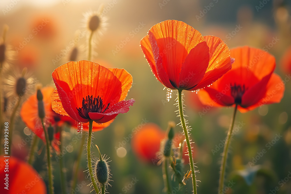 Fototapeta premium A field of red poppies with a single red flower in the foreground